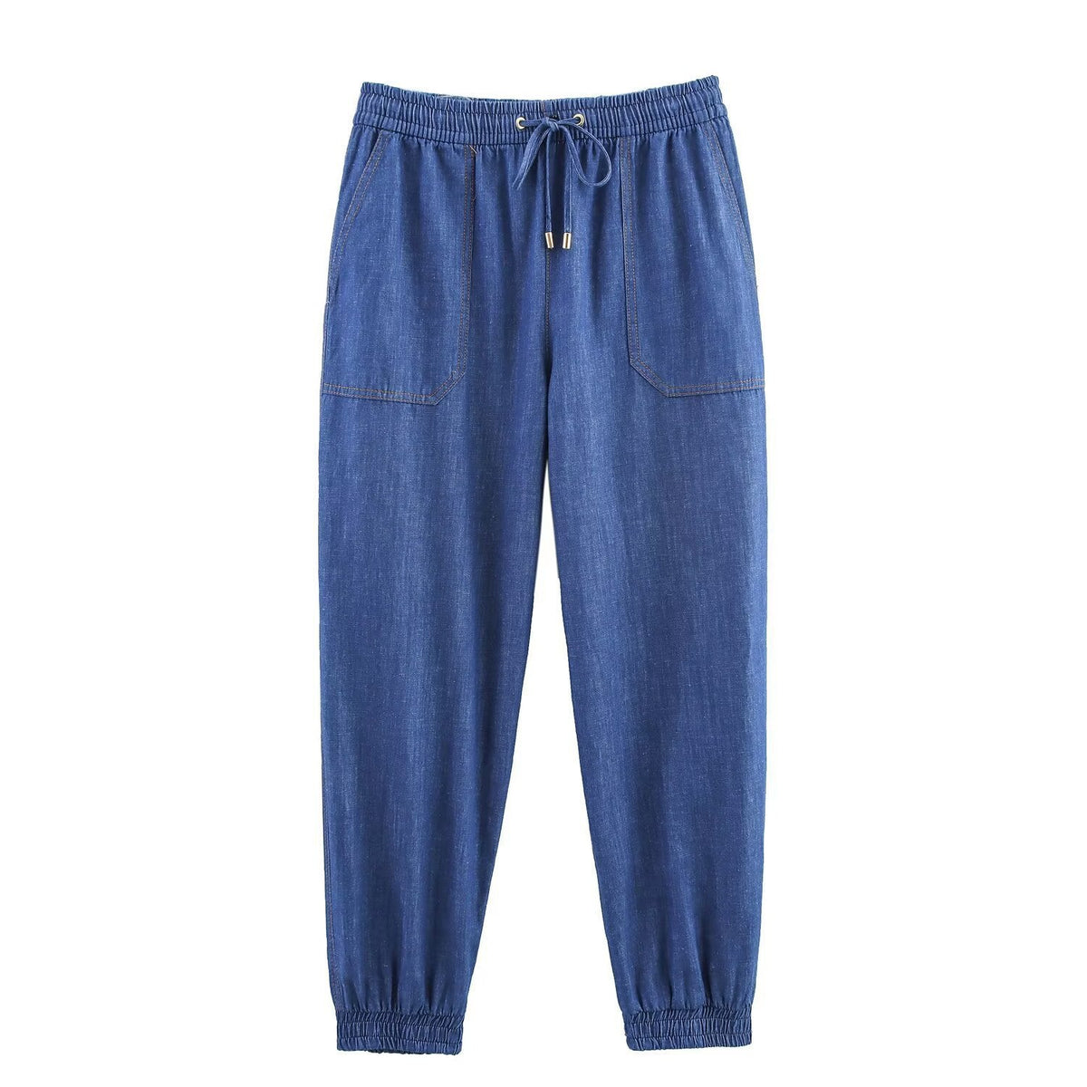 Women's Casual Denim Set with Crop Blouse and Elastic Pants