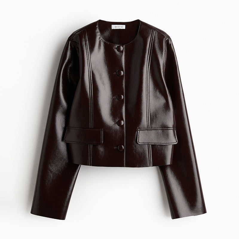 Faux Leather Cropped Jacket and Skirt Set