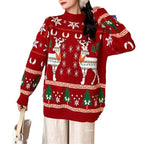 Women's Festive Sweater with 3D Reindeer Motif and High Collar