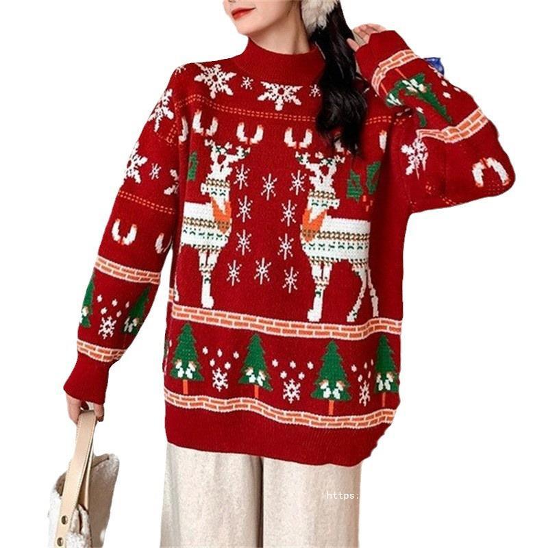 Women's Festive Sweater with 3D Reindeer Motif and High Collar