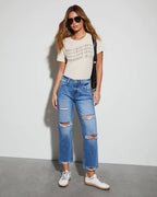 Women's High-Waist Jeans with Frayed Hem and Ripped Details