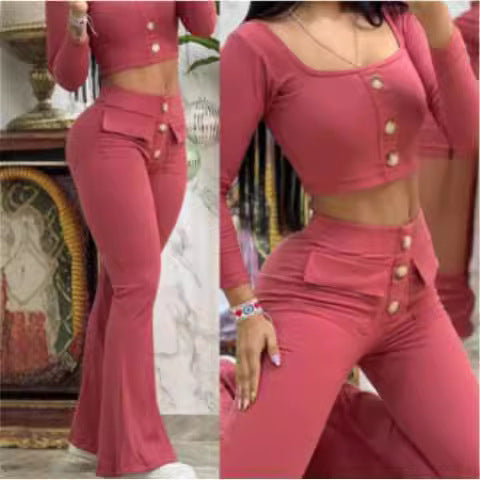 Women's Cropped Top and Flared Pants Set with Button Details