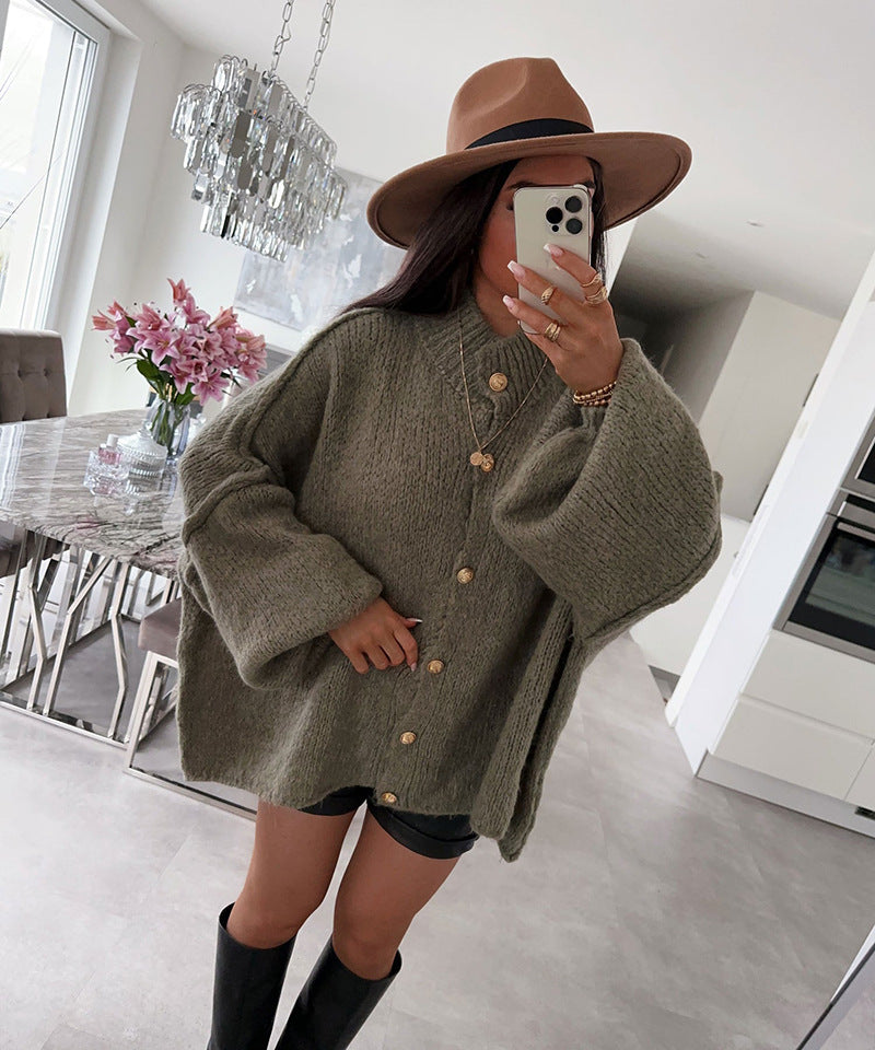 Women's Cozy Knit Coat with Voluminous Sleeves