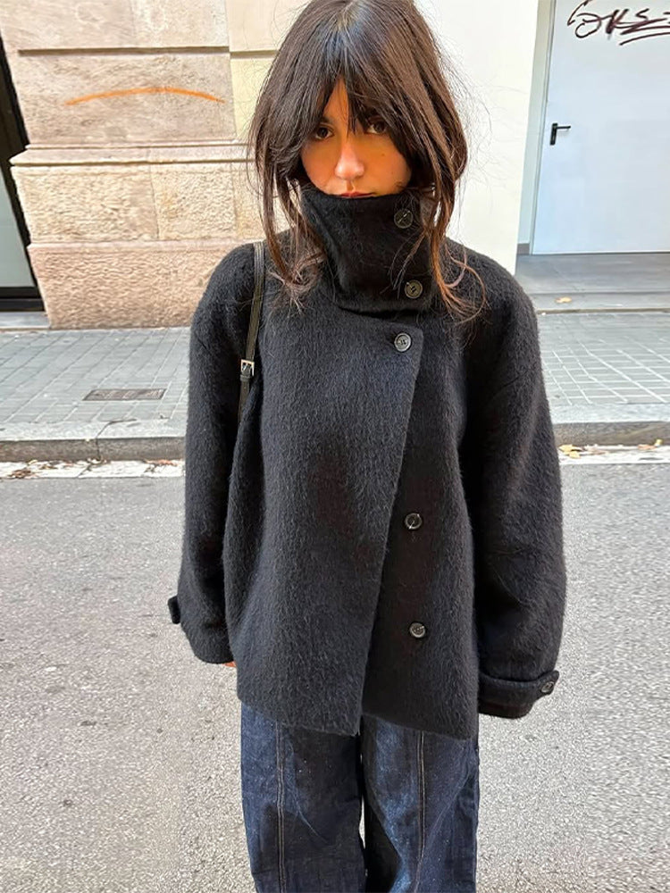 Women's Cozy Wool Jacket with High Collar and Button Details