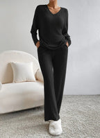 Women's Casual Ribbed Loungewear Set with V-Neck