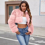 Women's Fluffy Faux Fur Short Coat with Puff Sleeves