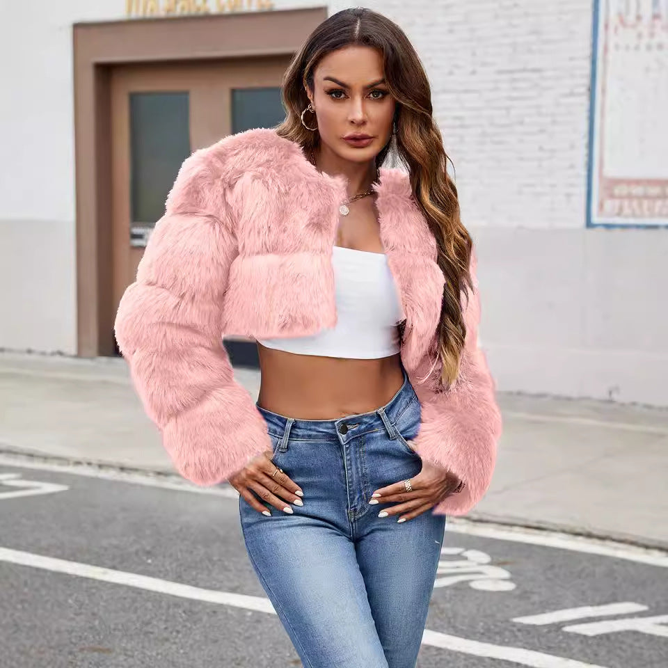 Women's Fluffy Faux Fur Short Coat with Puff Sleeves
