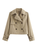 Women's Cropped Trench Jacket with Double-Breasted Button Placket and Adjustable Sleeves