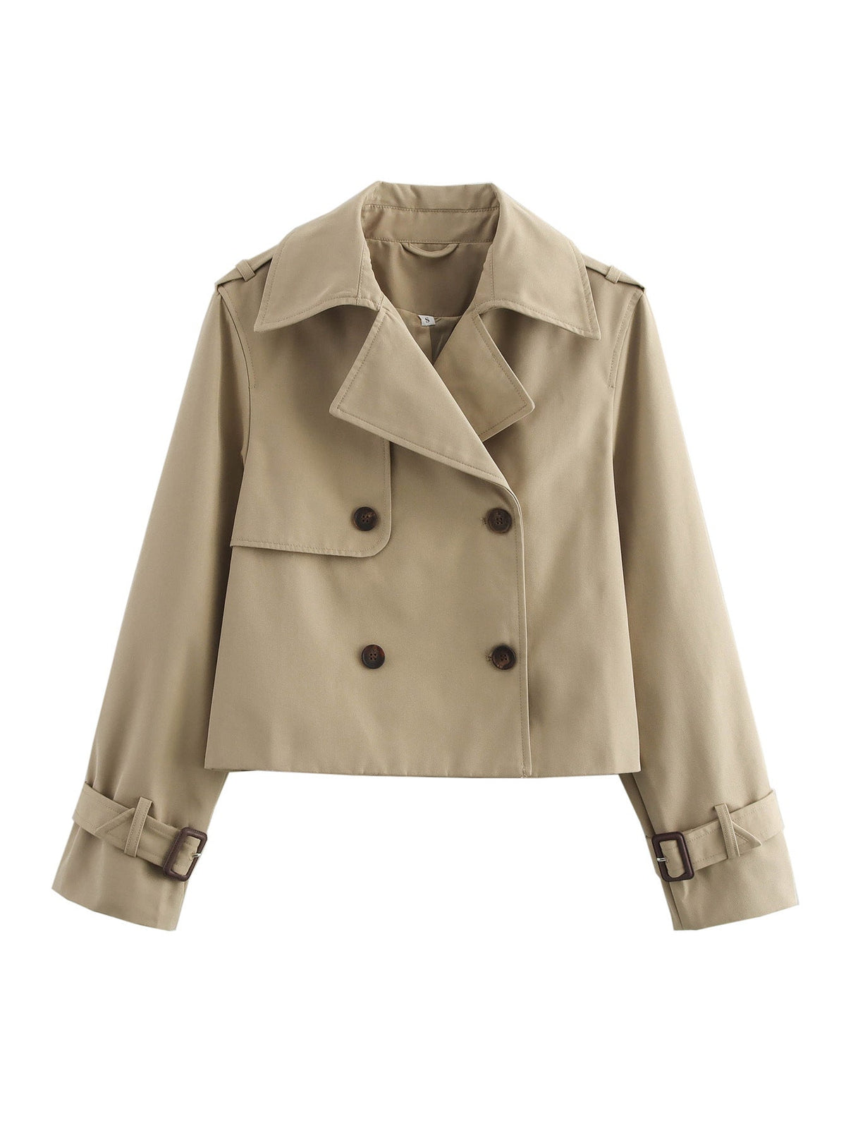 Women's Cropped Trench Jacket with Double-Breasted Button Placket and Adjustable Sleeves