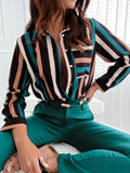 Women's Long-Sleeve Blouse with Modern Stripe Pattern and Elegant Button Placket