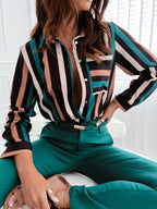 Women's Long-Sleeve Blouse with Modern Stripe Pattern and Elegant Button Placket