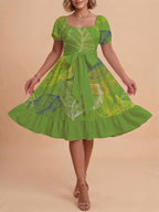 Women's A-Line Dress with Floral Motifs and Adjustable Belt