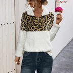 Women's Fleece Sweater with Animal Print and Stand-Up Collar