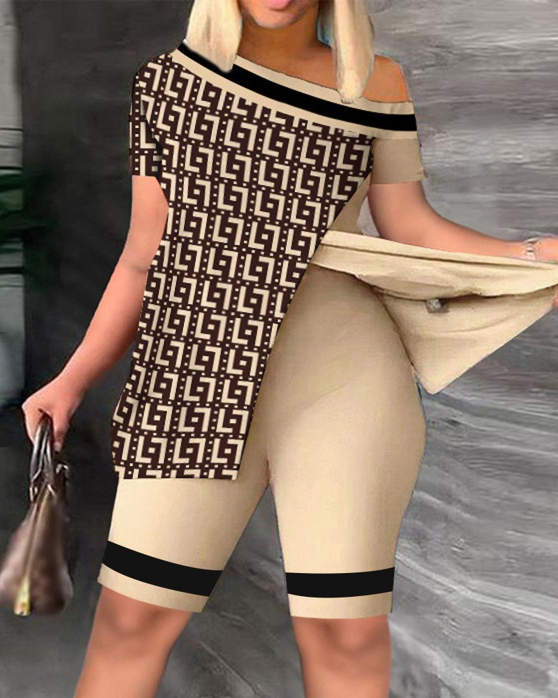 Women's Casual Asymmetrical Top and Biker Shorts Set