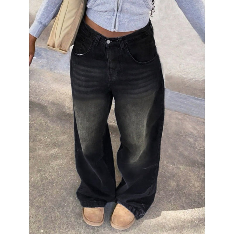 Women's High-Waist Baggy Jeans with Unique Wash