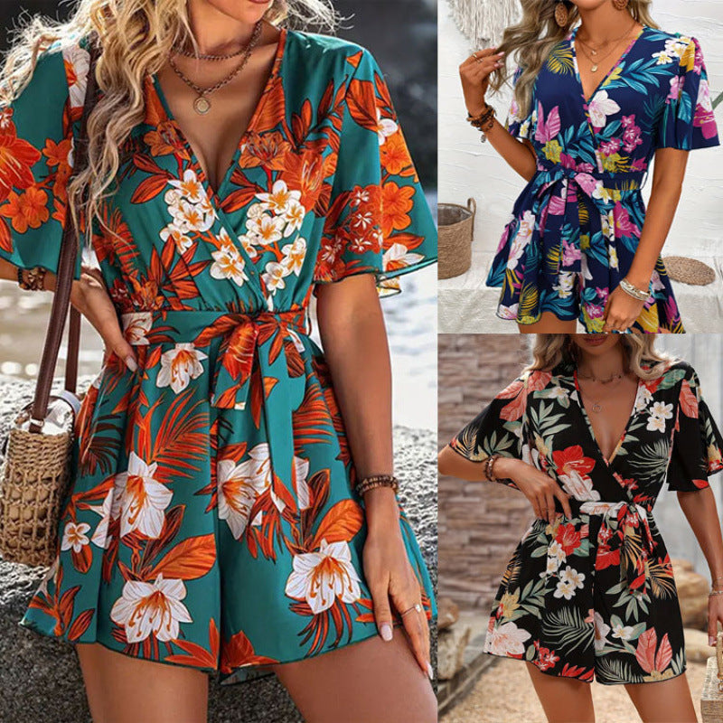 Women's Jumpsuit with Floral Design and Wide Sleeves