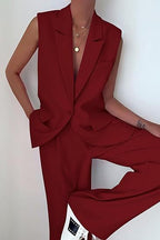 Women's Sleeveless Blazer Set with Wide-Leg Trousers