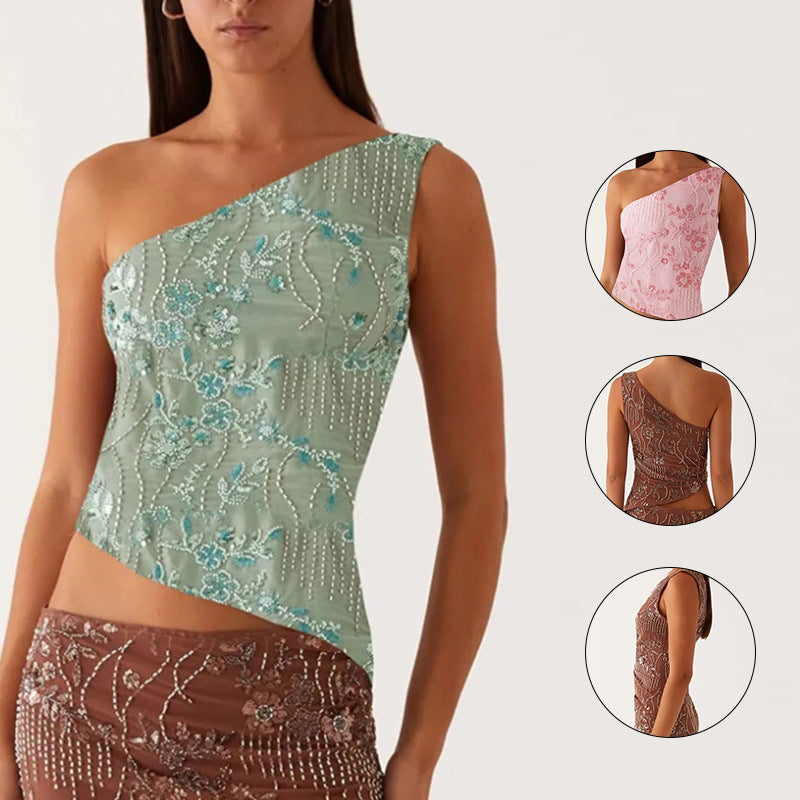 Women's Asymmetrical Top with Floral Rhinestone Design