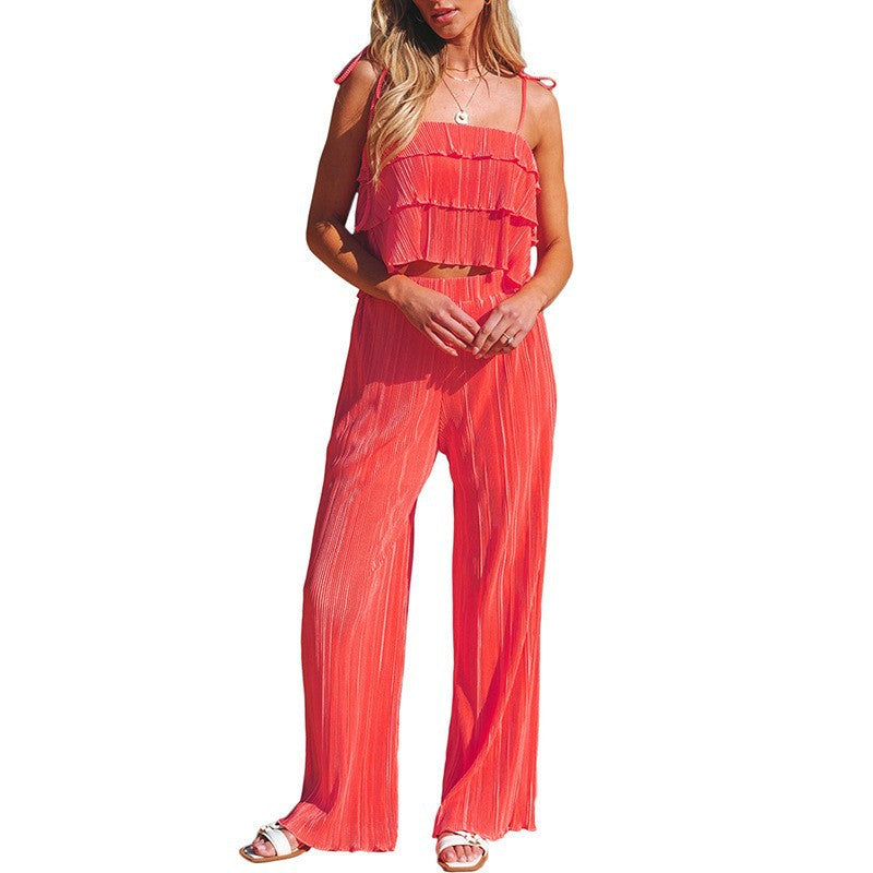 Flowing Jumpsuit with Ruffle Details and Spaghetti Straps