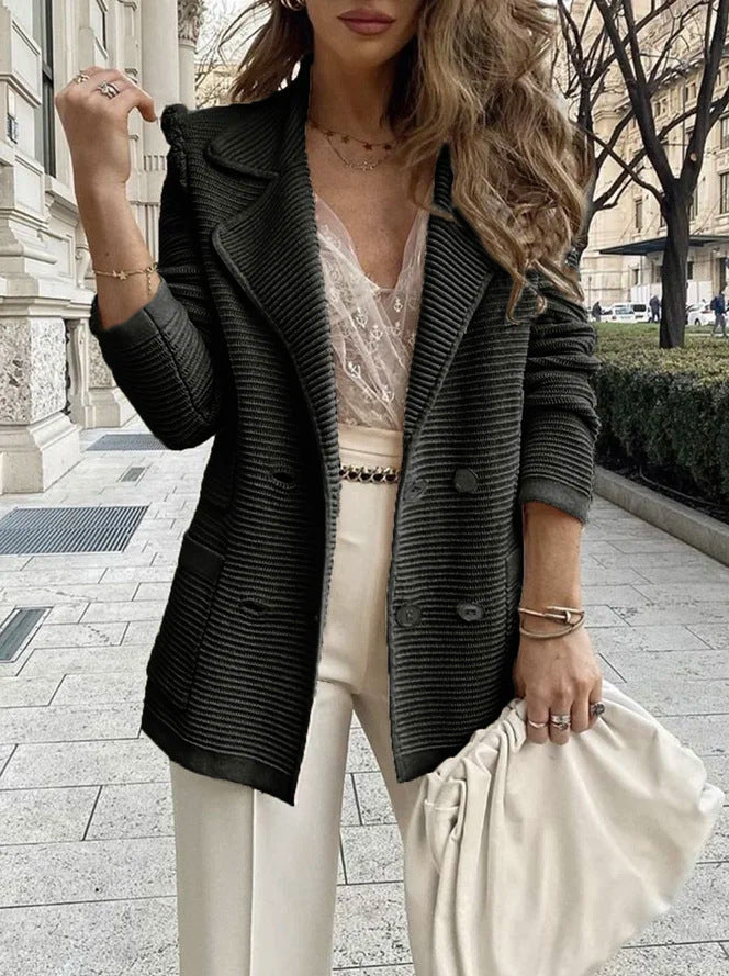 Elegant Knit Blazer with Double Button Placket and Pockets