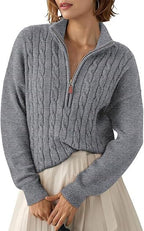 Women's Chunky Knit Sweater with Mock Neck and Half-Zip