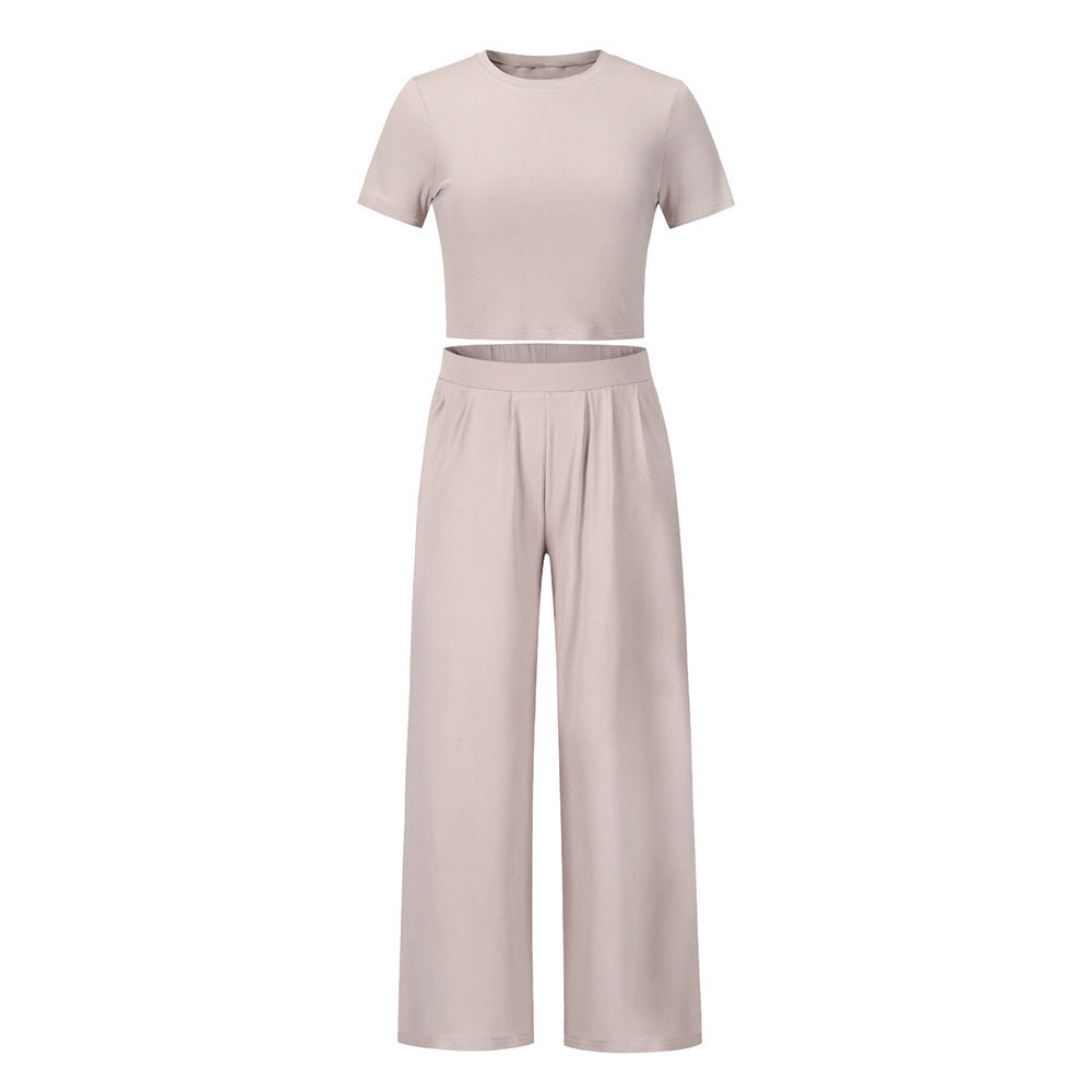 Women's Comfortable Cotton Crop Top and Wide-Leg Pants Set