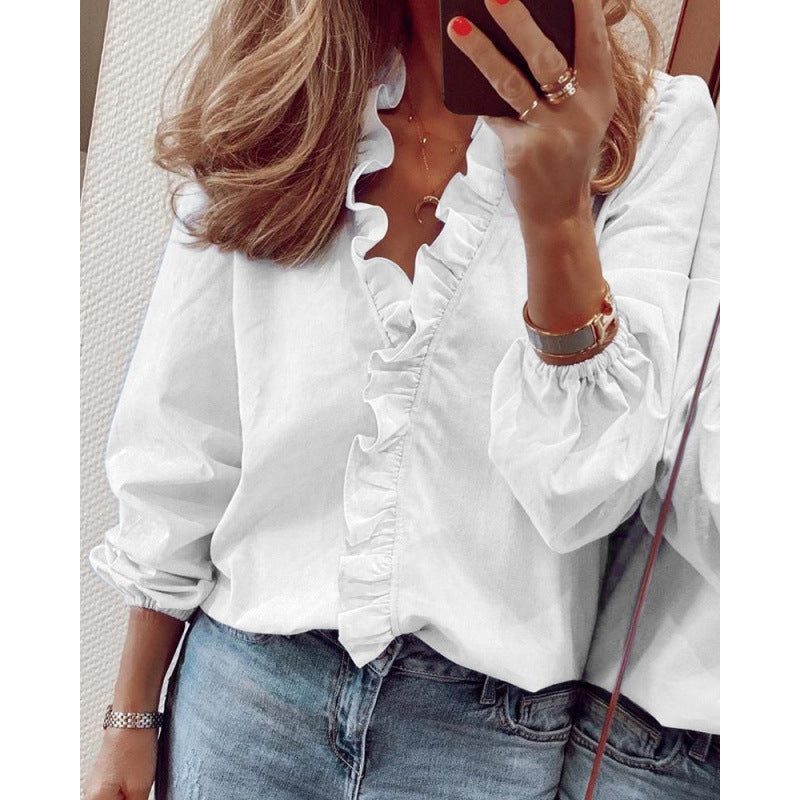 Women's Blouse with Ruffle Details and Stand-up Collar