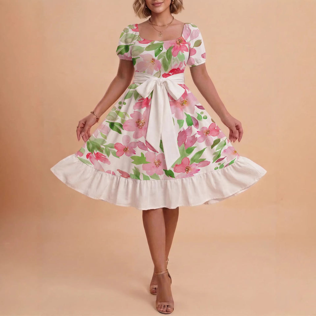 Women's A-Line Dress with Floral Motifs and Adjustable Belt