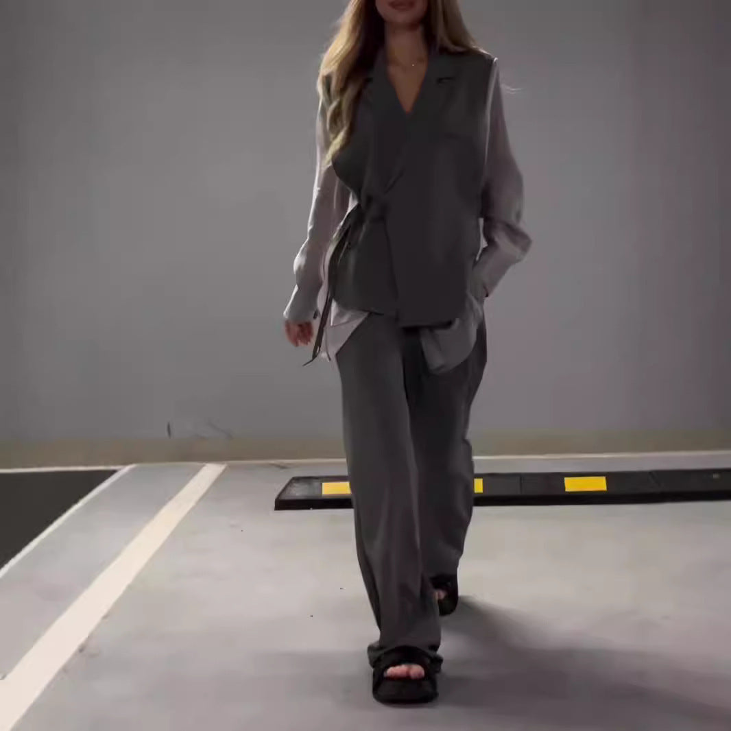 Women's Elegant Wrap Blazer Set with Wide-Leg Pants