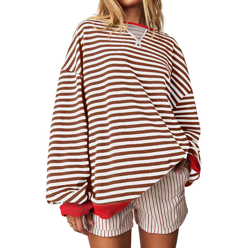 Women's Comfortable Striped Sweater with Raglan Sleeves and Elastic Cuffs