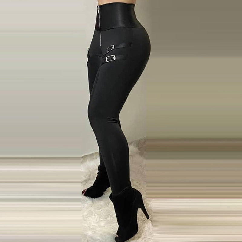 Women's Form-Fitting Faux Leather Leggings with Buckle Details
