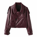 Women's Cool Cropped Faux Leather Jacket with Asymmetrical Collar
