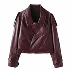 Women's Cool Cropped Faux Leather Jacket with Asymmetrical Collar