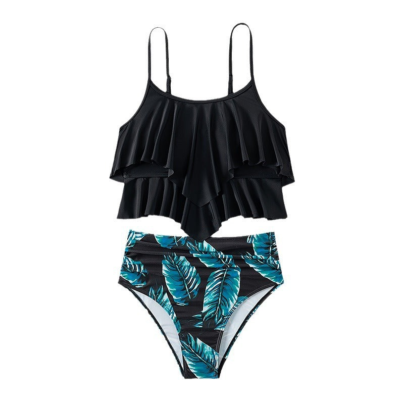 Women's Swim Top with Ruffled Design and High-Waist Bottoms
