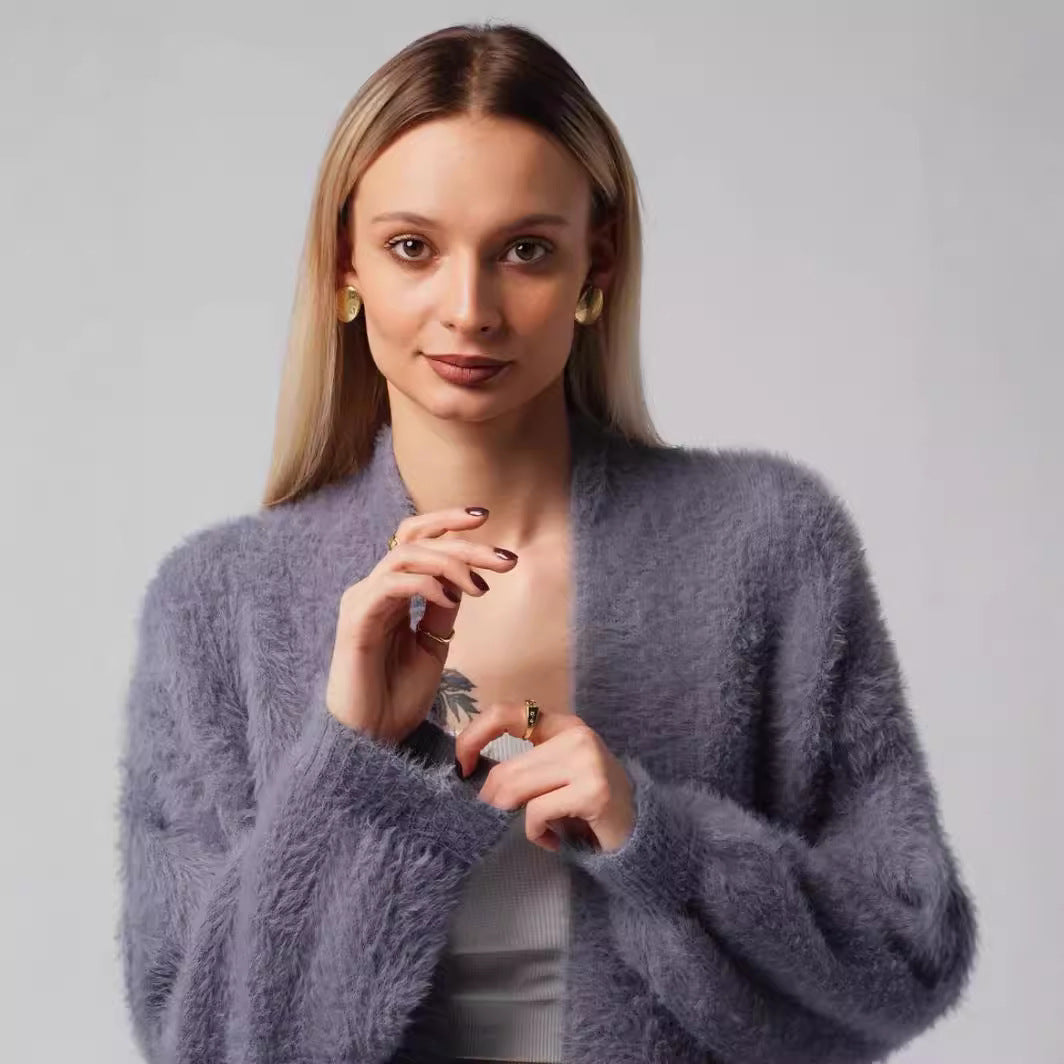 Women's Fluffy Long Knit Coat with Side Slit and Loose Fit