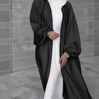 Elegant Long Cardigan in Flowing Fabric with Wide Cut