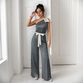 Elegant Women's Jumpsuit with Asymmetric Neckline and Decorative Waist Belt