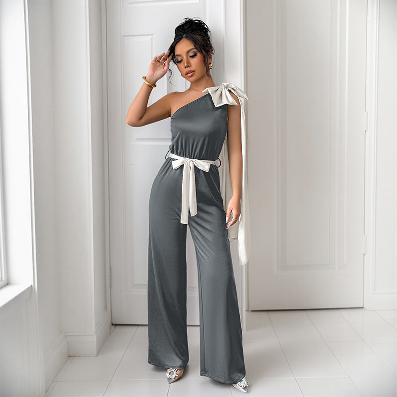 Elegant Women's Jumpsuit with Asymmetric Neckline and Decorative Waist Belt