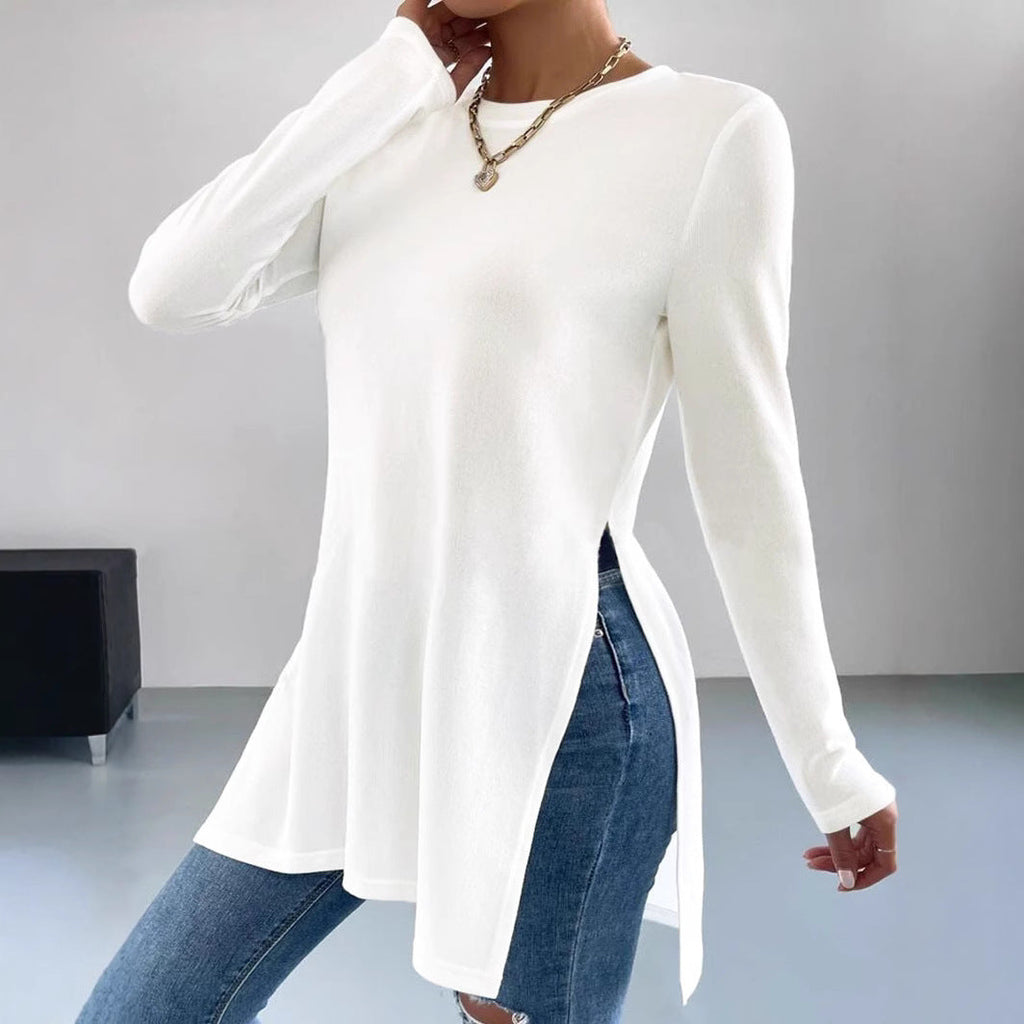 Women's Asymmetrical Long-Sleeve Top with Side Slits and Relaxed Fit
