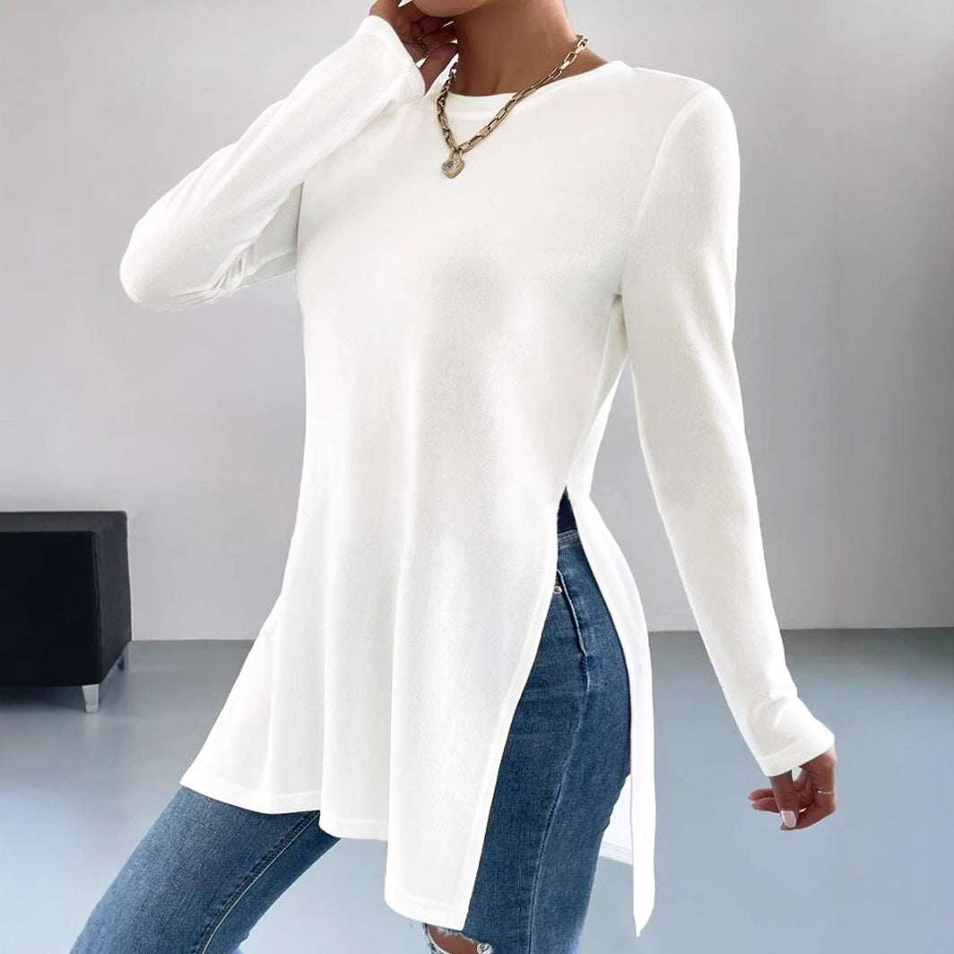 Women's Asymmetrical Long-Sleeve Top with Side Slits and Relaxed Fit