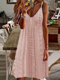 Women's Sleeveless Summer Dress with Decorative Eyelet Pattern and V-Neck