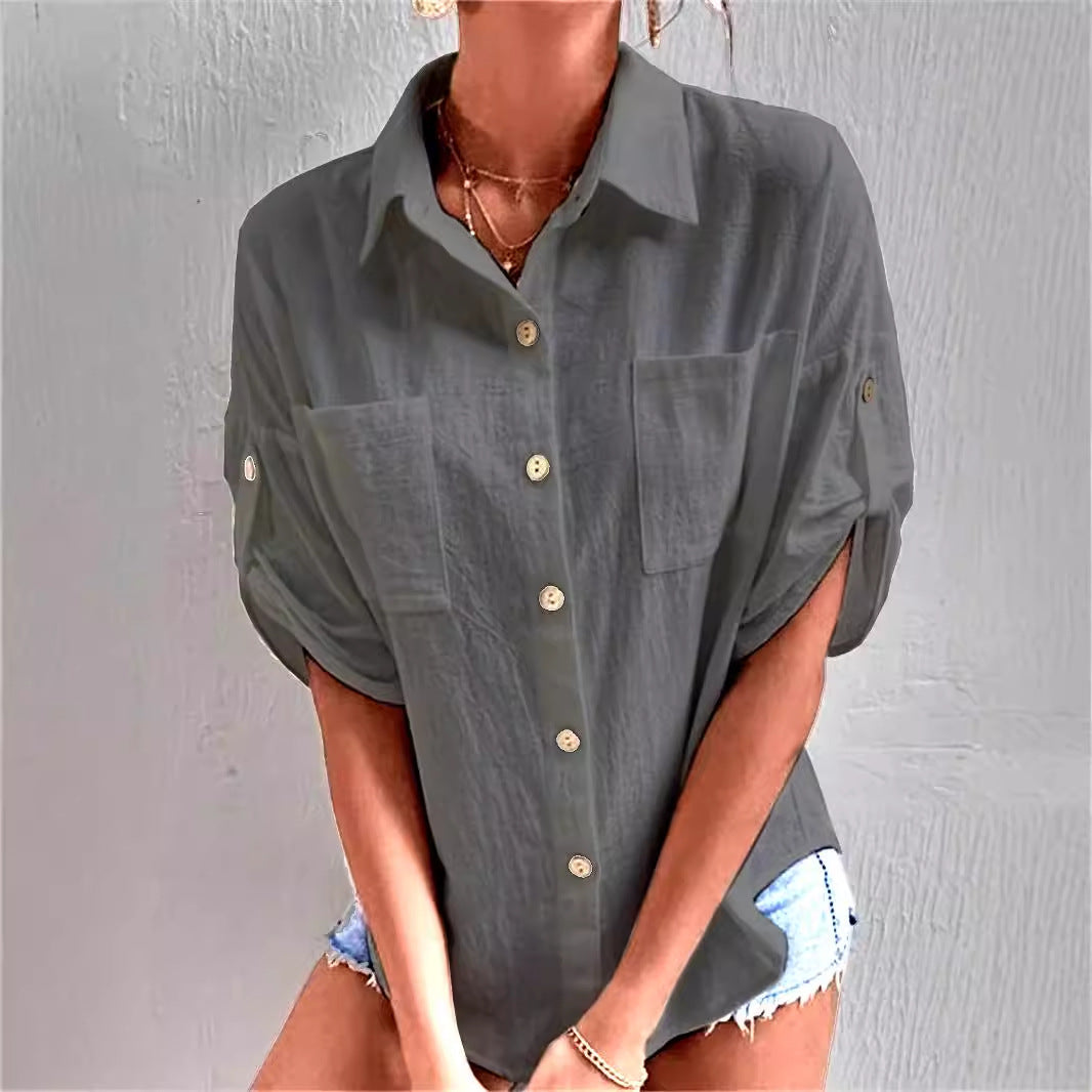 Women's Short-Sleeve Shirt with Patch Pockets and Relaxed Fit