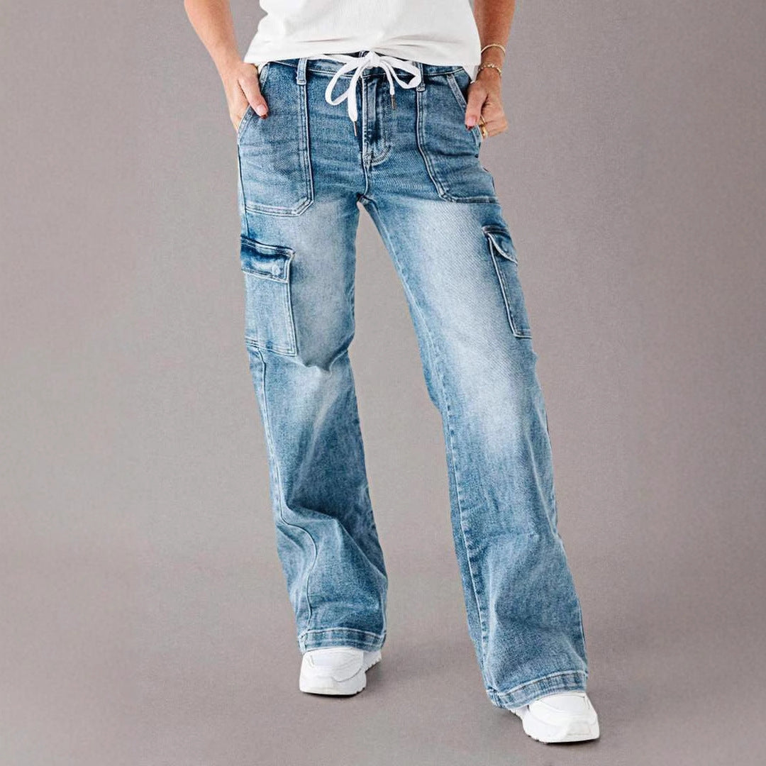 Women's Wide-Leg Cargo Jeans with Adjustable Waist