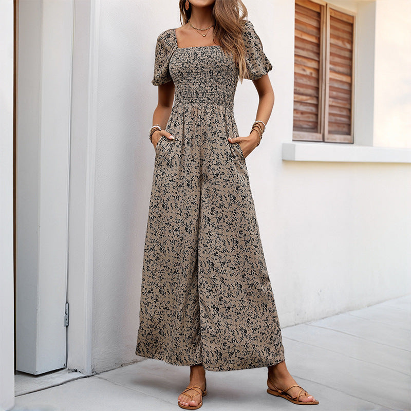 Women's Airy Summer Overall with Puff Sleeves and Elastic Waistband