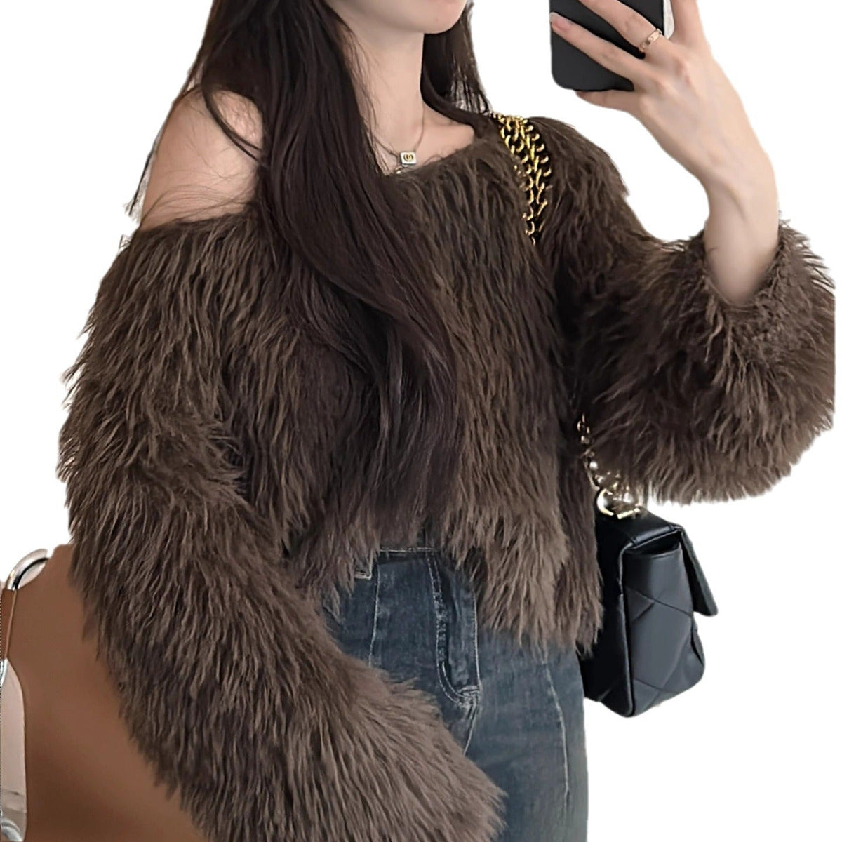 Women's Cropped Pullover with Fluffy Texture and Off-Shoulder Design