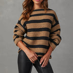 Women's Striped Chunky Knit Sweater with Casual Fit and Wide Sleeves