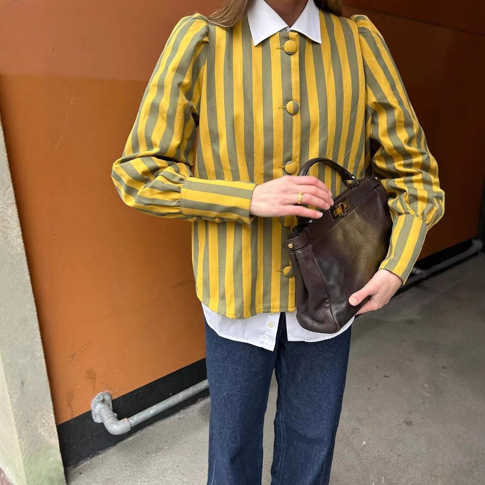 Women's Long Sleeve Striped Blouse with Puff Sleeves