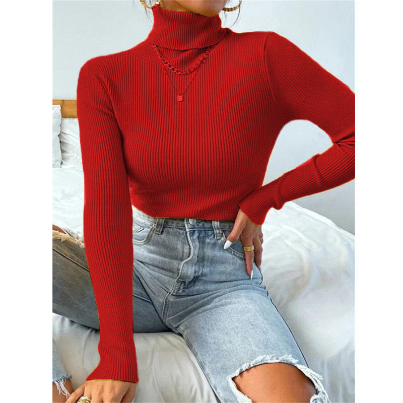 Elegant Women's Turtleneck Sweater with Fine Ribbed Texture