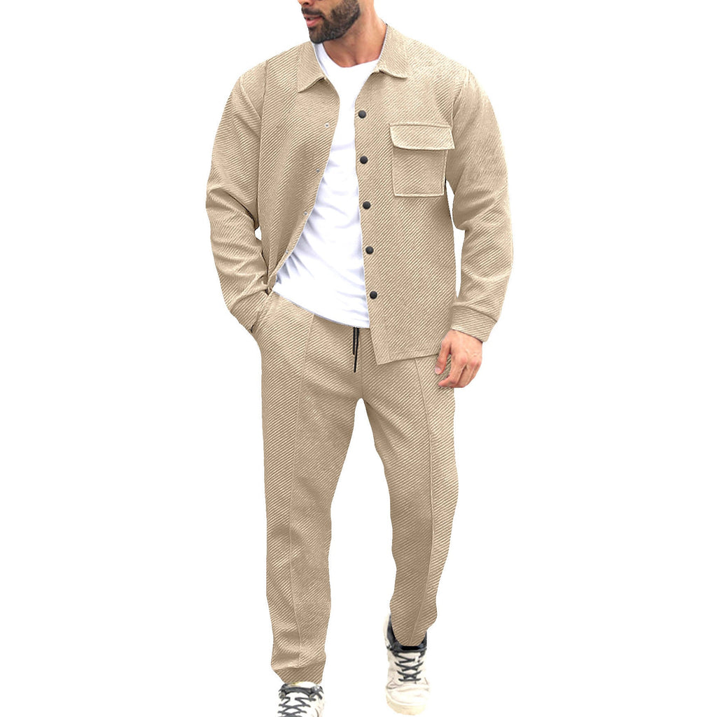 Men's Shirt Jacket Set with Flap Pocket and Tapered Trousers
