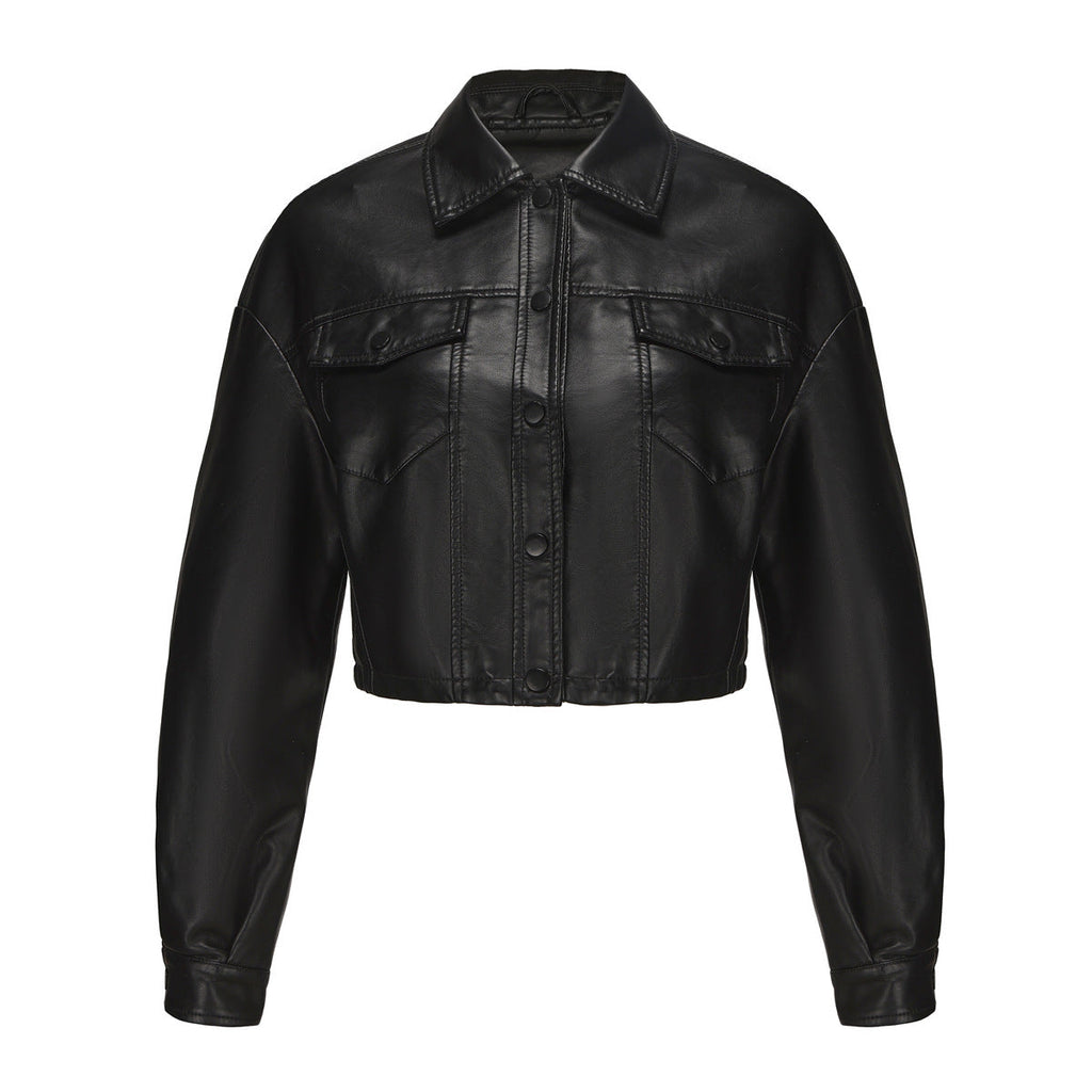 Women's Black Cropped Faux Leather Transitional Jacket